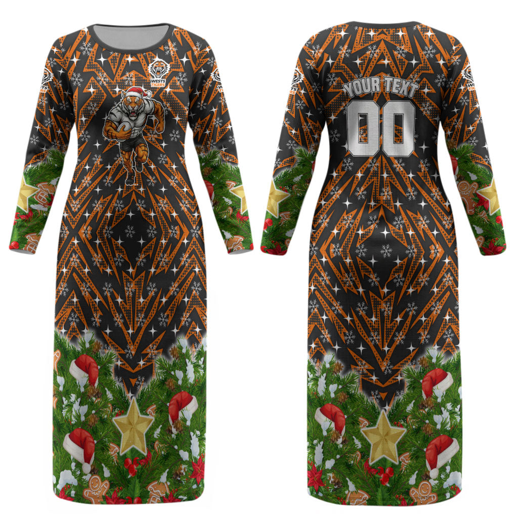 Personalised Wests Tigers Rugby Christmas Couples Matching Long Sleeve Bodycon Dress and Hawaiian Shirt Santa Rugby Mascot - Pine Wreath Festive