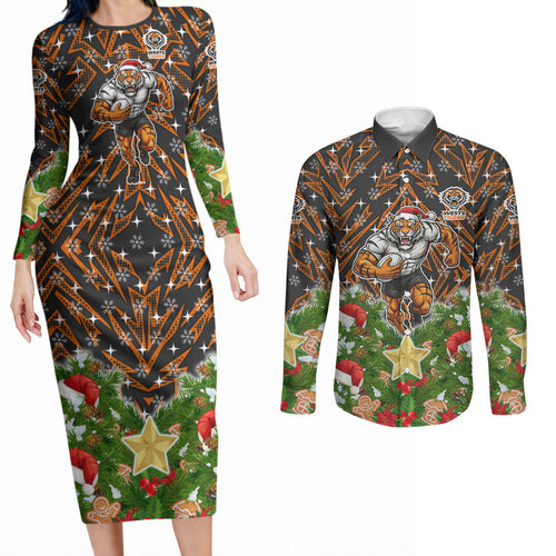 Personalised Wests Tigers Rugby Christmas Couples Matching Long Sleeve Bodycon Dress and Long Sleeve Button Shirt Santa Rugby Mascot - Pine Wreath Festive