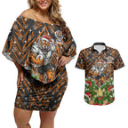 Personalised Wests Tigers Rugby Christmas Couples Matching Off Shoulder Short Dress and Hawaiian Shirt Santa Rugby Mascot - Pine Wreath Festive