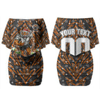 Personalised Wests Tigers Rugby Christmas Couples Matching Off Shoulder Short Dress and Hawaiian Shirt Santa Rugby Mascot - Pine Wreath Festive