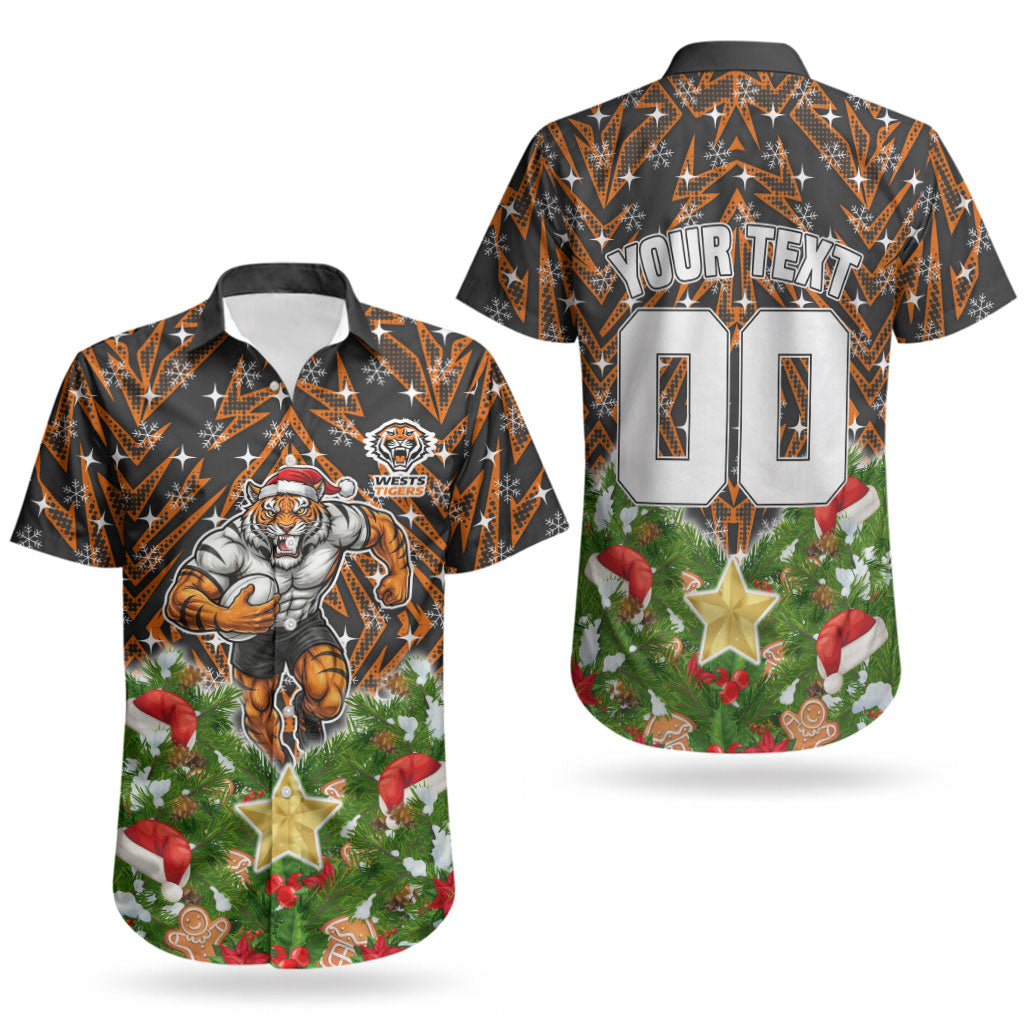 Personalised Wests Tigers Rugby Christmas Couples Matching Off Shoulder Short Dress and Hawaiian Shirt Santa Rugby Mascot - Pine Wreath Festive