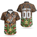 Personalised Wests Tigers Rugby Christmas Couples Matching Off Shoulder Short Dress and Hawaiian Shirt Santa Rugby Mascot - Pine Wreath Festive