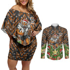 Personalised Wests Tigers Rugby Christmas Couples Matching Off Shoulder Short Dress and Long Sleeve Button Shirt Santa Rugby Mascot - Pine Wreath Festive