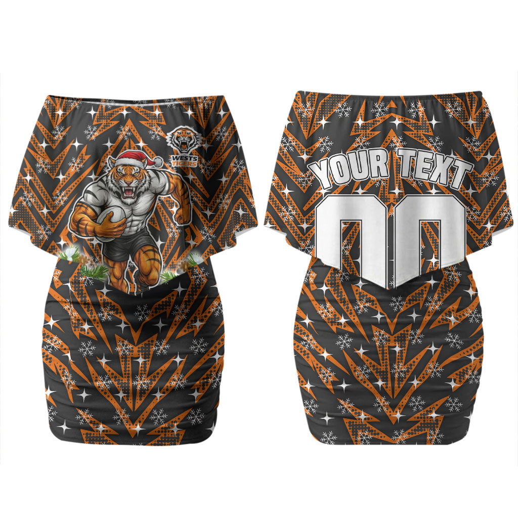 Personalised Wests Tigers Rugby Christmas Couples Matching Off Shoulder Short Dress and Long Sleeve Button Shirt Santa Rugby Mascot - Pine Wreath Festive