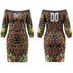 Personalised Wests Tigers Rugby Christmas Couples Matching Off The Shoulder Long Sleeve Dress and Long Sleeve Button Shirt Santa Rugby Mascot - Pine Wreath Festive