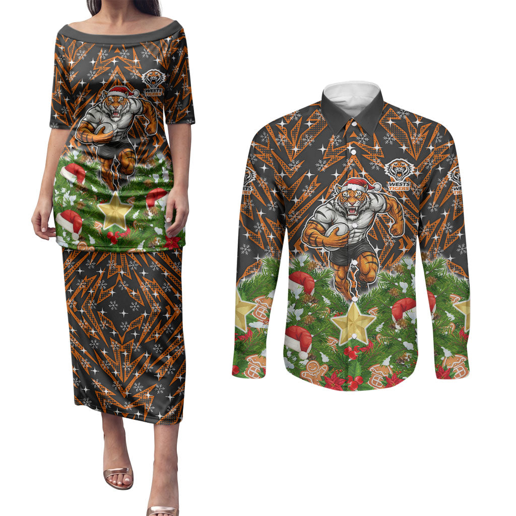 Personalised Wests Tigers Rugby Christmas Couples Matching Puletasi and Long Sleeve Button Shirt Santa Rugby Mascot - Pine Wreath Festive