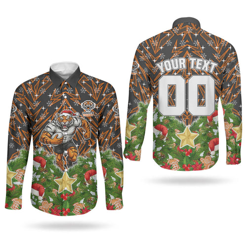 Personalised Wests Tigers Rugby Christmas Couples Matching Puletasi and Long Sleeve Button Shirt Santa Rugby Mascot - Pine Wreath Festive