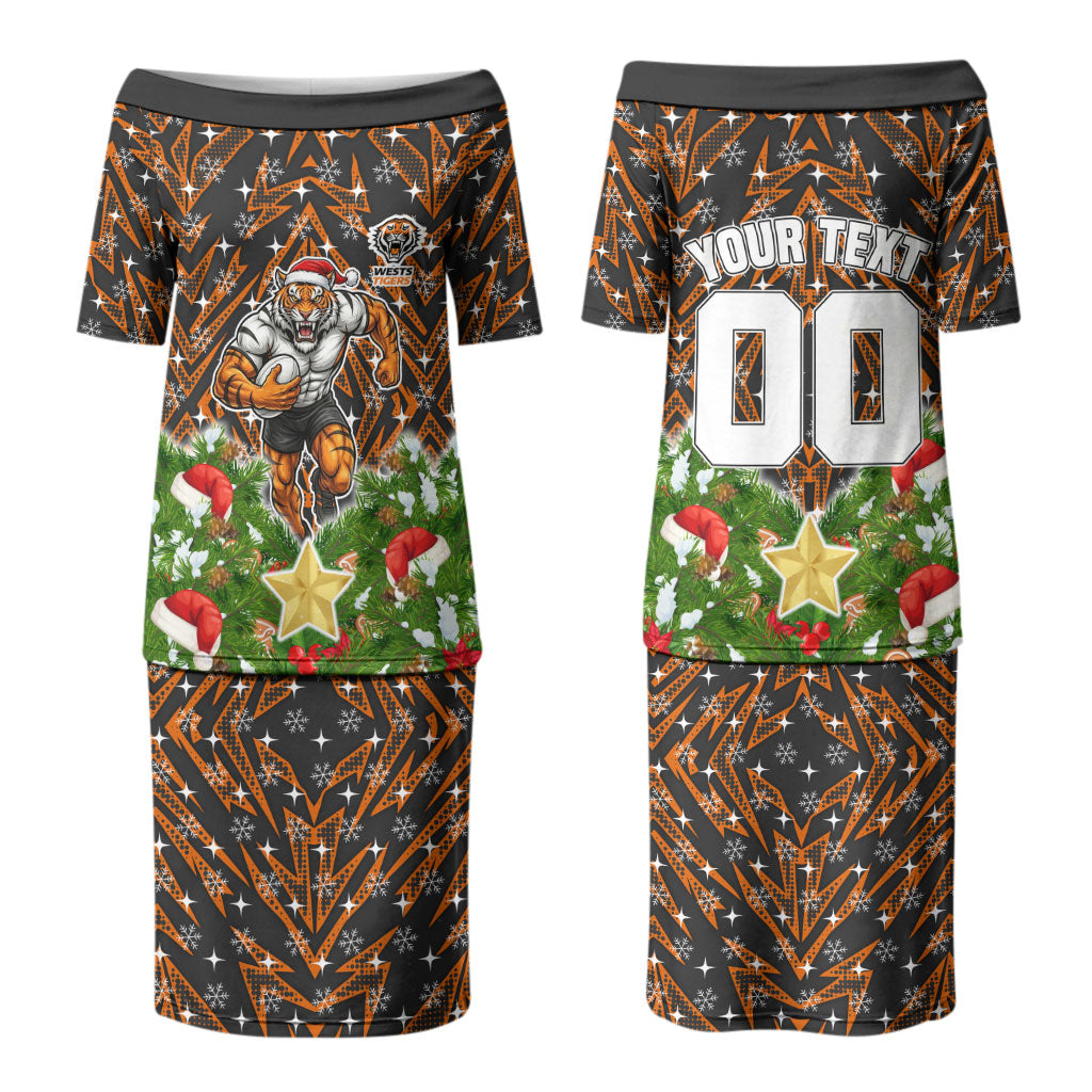 Personalised Wests Tigers Rugby Christmas Couples Matching Puletasi and Long Sleeve Button Shirt Santa Rugby Mascot - Pine Wreath Festive
