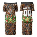 Personalised Wests Tigers Rugby Christmas Couples Matching Puletasi and Long Sleeve Button Shirt Santa Rugby Mascot - Pine Wreath Festive
