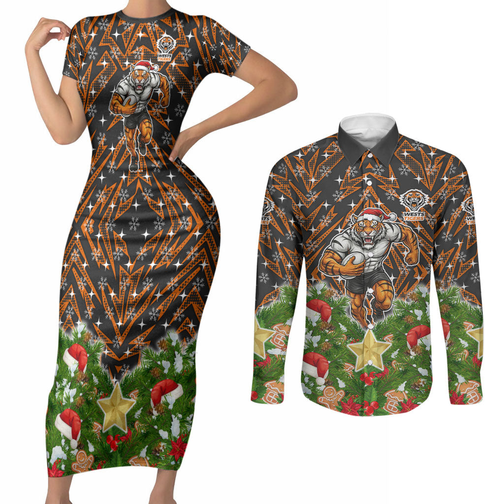 Personalised Wests Tigers Rugby Christmas Couples Matching Short Sleeve Bodycon Dress and Long Sleeve Button Shirt Santa Rugby Mascot - Pine Wreath Festive