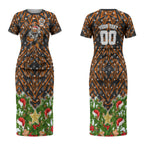 Personalised Wests Tigers Rugby Christmas Couples Matching Short Sleeve Bodycon Dress and Long Sleeve Button Shirt Santa Rugby Mascot - Pine Wreath Festive