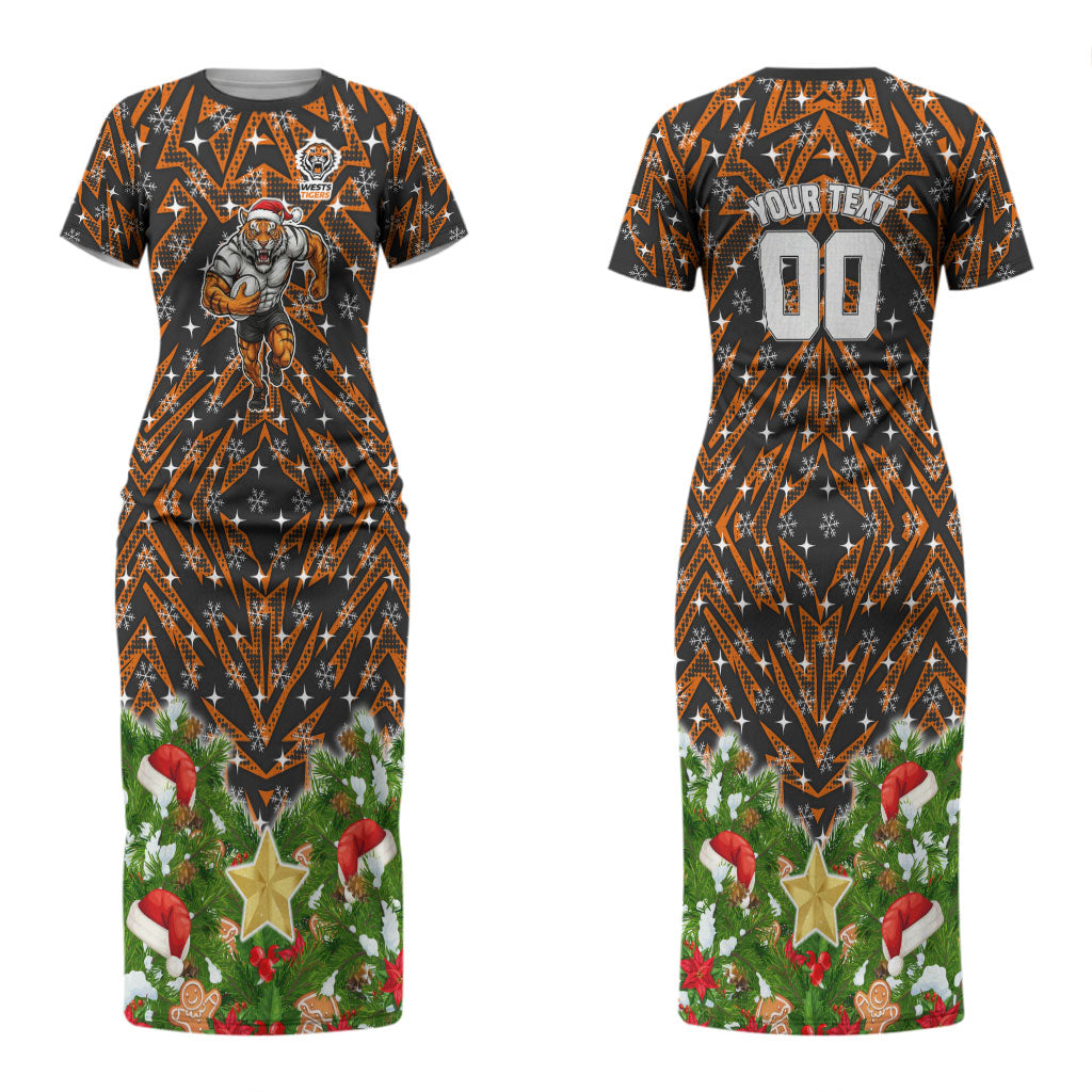 Personalised Wests Tigers Rugby Christmas Couples Matching Short Sleeve Bodycon Dress and Long Sleeve Button Shirt Santa Rugby Mascot - Pine Wreath Festive