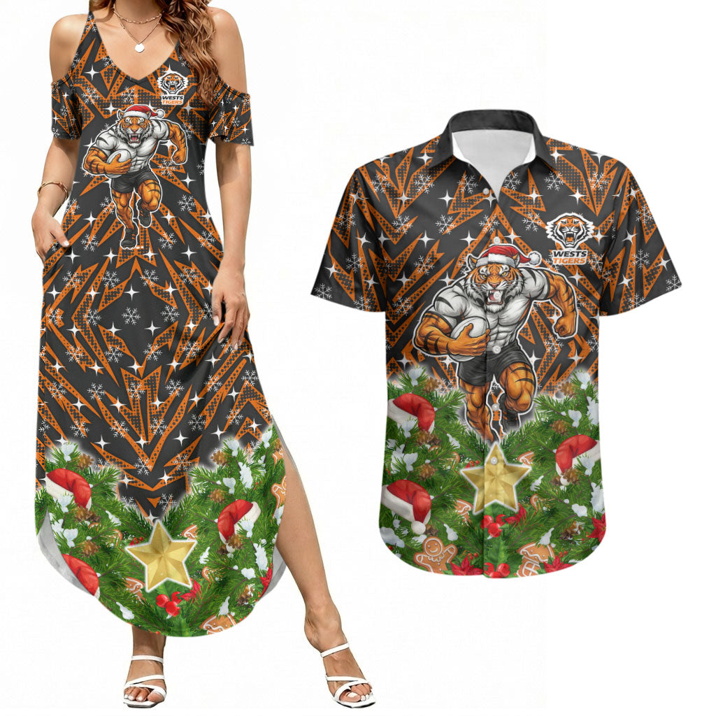 Personalised Wests Tigers Rugby Christmas Couples Matching Summer Maxi Dress and Hawaiian Shirt Santa Rugby Mascot - Pine Wreath Festive