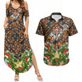 Personalised Wests Tigers Rugby Christmas Couples Matching Summer Maxi Dress and Hawaiian Shirt Santa Rugby Mascot - Pine Wreath Festive
