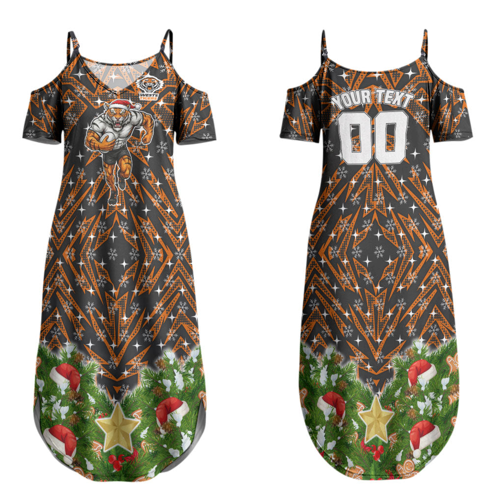 Personalised Wests Tigers Rugby Christmas Couples Matching Summer Maxi Dress and Hawaiian Shirt Santa Rugby Mascot - Pine Wreath Festive