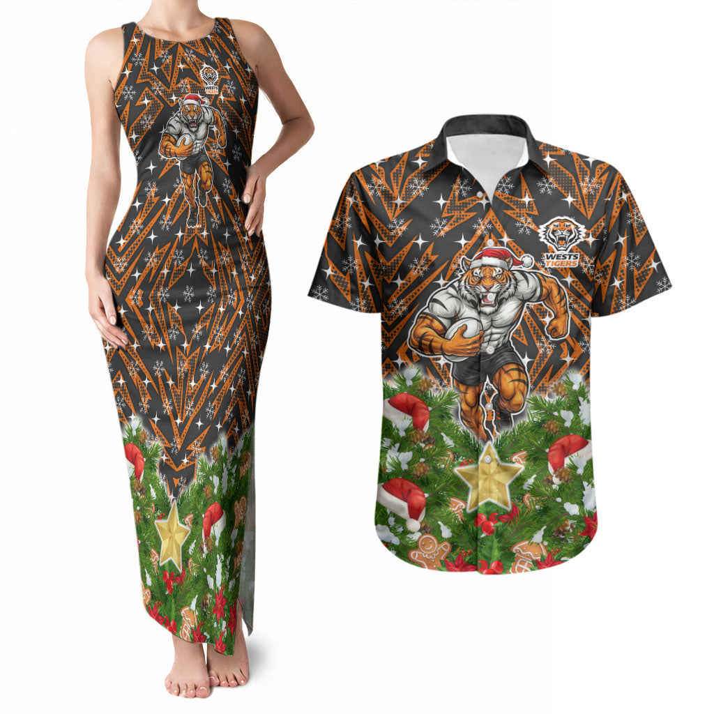 Personalised Wests Tigers Rugby Christmas Couples Matching Tank Maxi Dress and Hawaiian Shirt Santa Rugby Mascot - Pine Wreath Festive