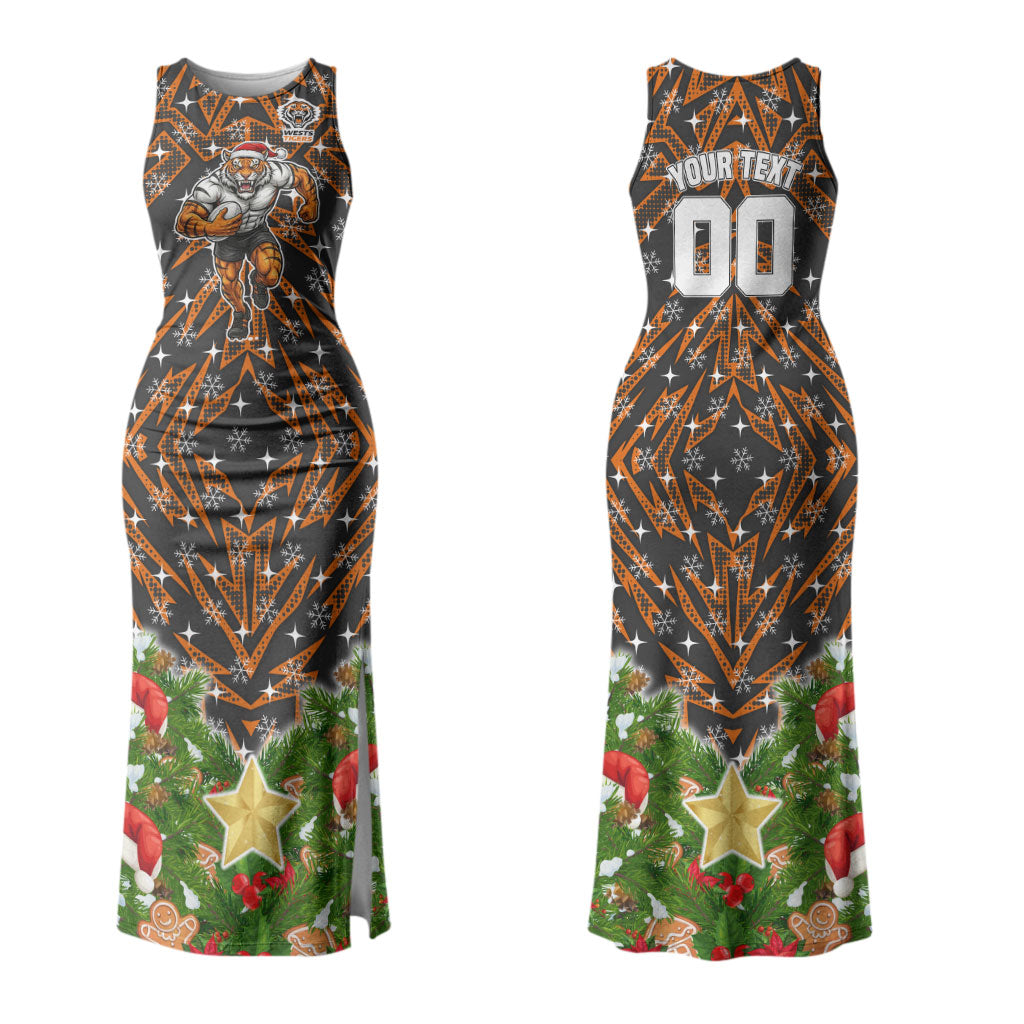 Personalised Wests Tigers Rugby Christmas Couples Matching Tank Maxi Dress and Hawaiian Shirt Santa Rugby Mascot - Pine Wreath Festive