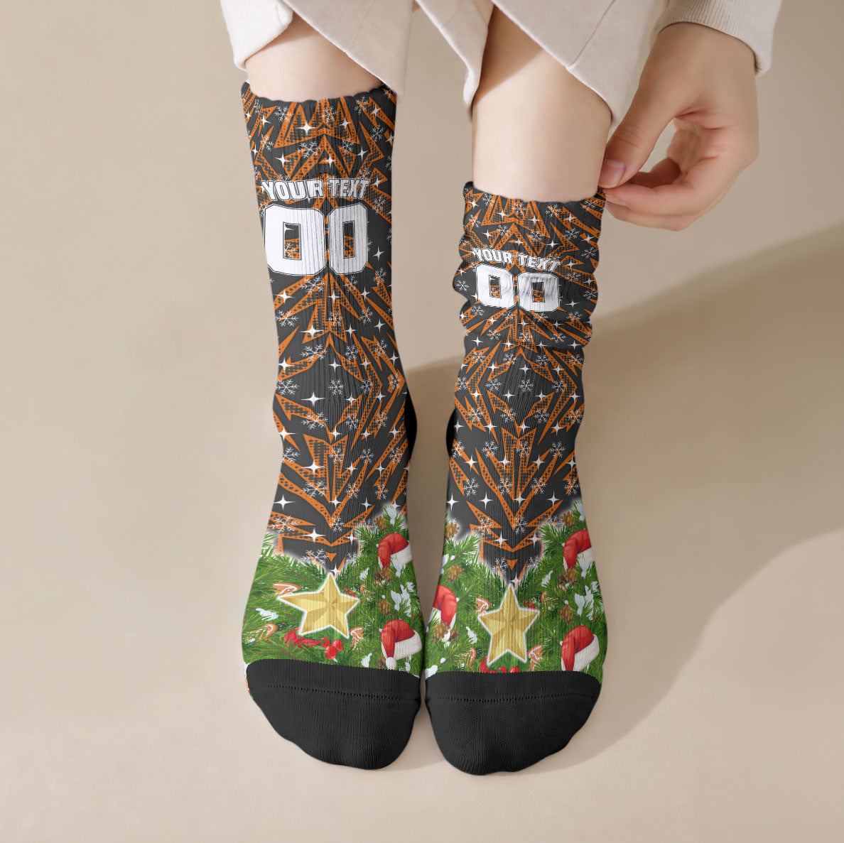 Personalised Wests Tigers Rugby Christmas Crew Socks Santa Rugby Mascot - Pine Wreath Festive