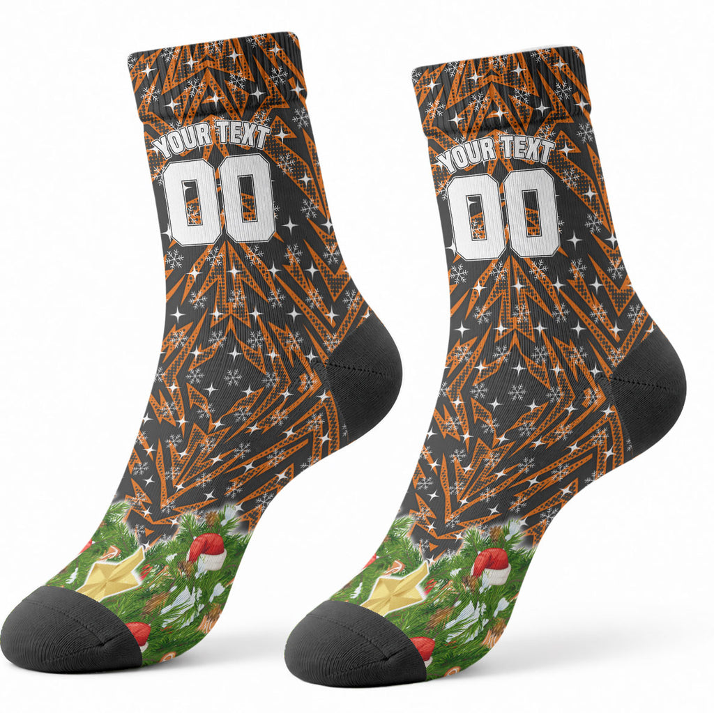 Personalised Wests Tigers Rugby Christmas Crew Socks Santa Rugby Mascot - Pine Wreath Festive