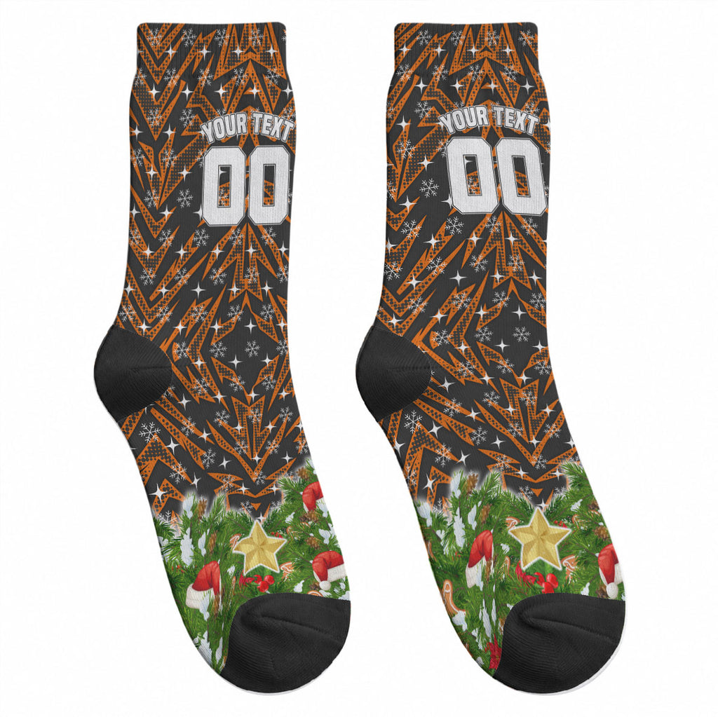 Personalised Wests Tigers Rugby Christmas Crew Socks Santa Rugby Mascot - Pine Wreath Festive