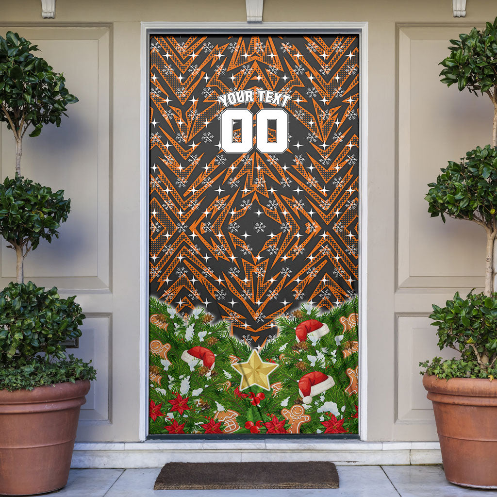 Personalised Wests Tigers Rugby Christmas Door Cover Santa Rugby Mascot - Pine Wreath Festive