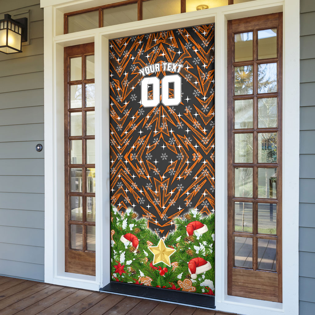 Personalised Wests Tigers Rugby Christmas Door Cover Santa Rugby Mascot - Pine Wreath Festive