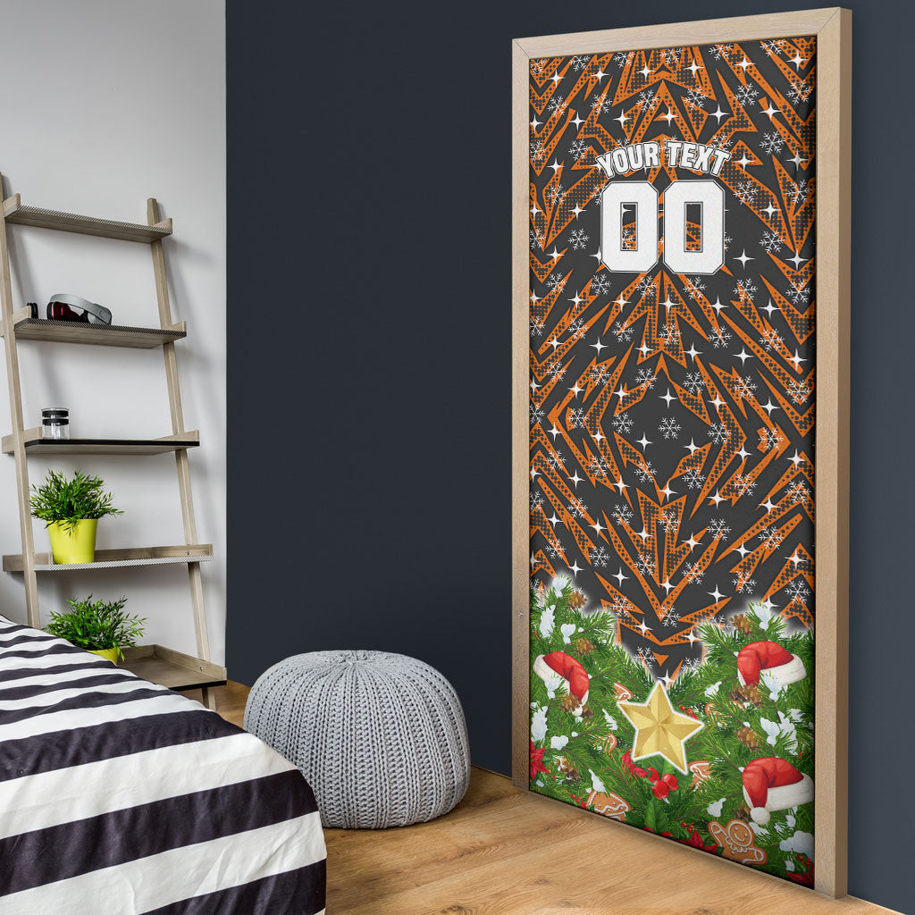 Personalised Wests Tigers Rugby Christmas Door Cover Santa Rugby Mascot - Pine Wreath Festive