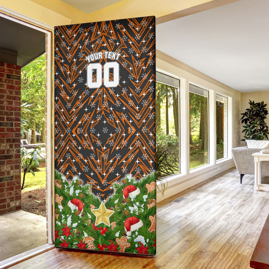 Personalised Wests Tigers Rugby Christmas Door Cover Santa Rugby Mascot - Pine Wreath Festive