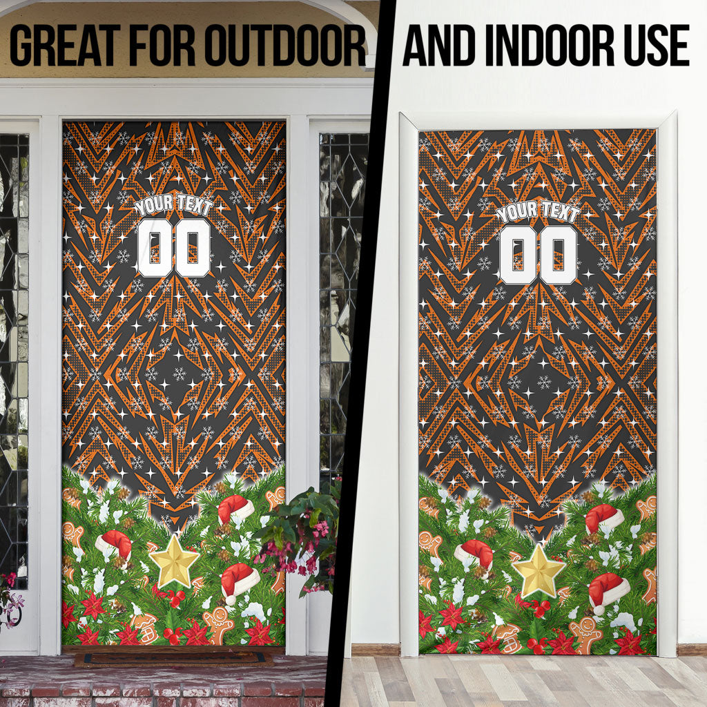 Personalised Wests Tigers Rugby Christmas Door Cover Santa Rugby Mascot - Pine Wreath Festive