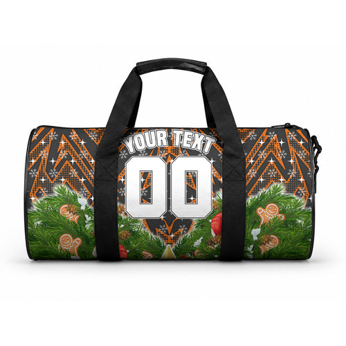 Personalised Wests Tigers Rugby Christmas Duffle Bag Santa Rugby Mascot - Pine Wreath Festive