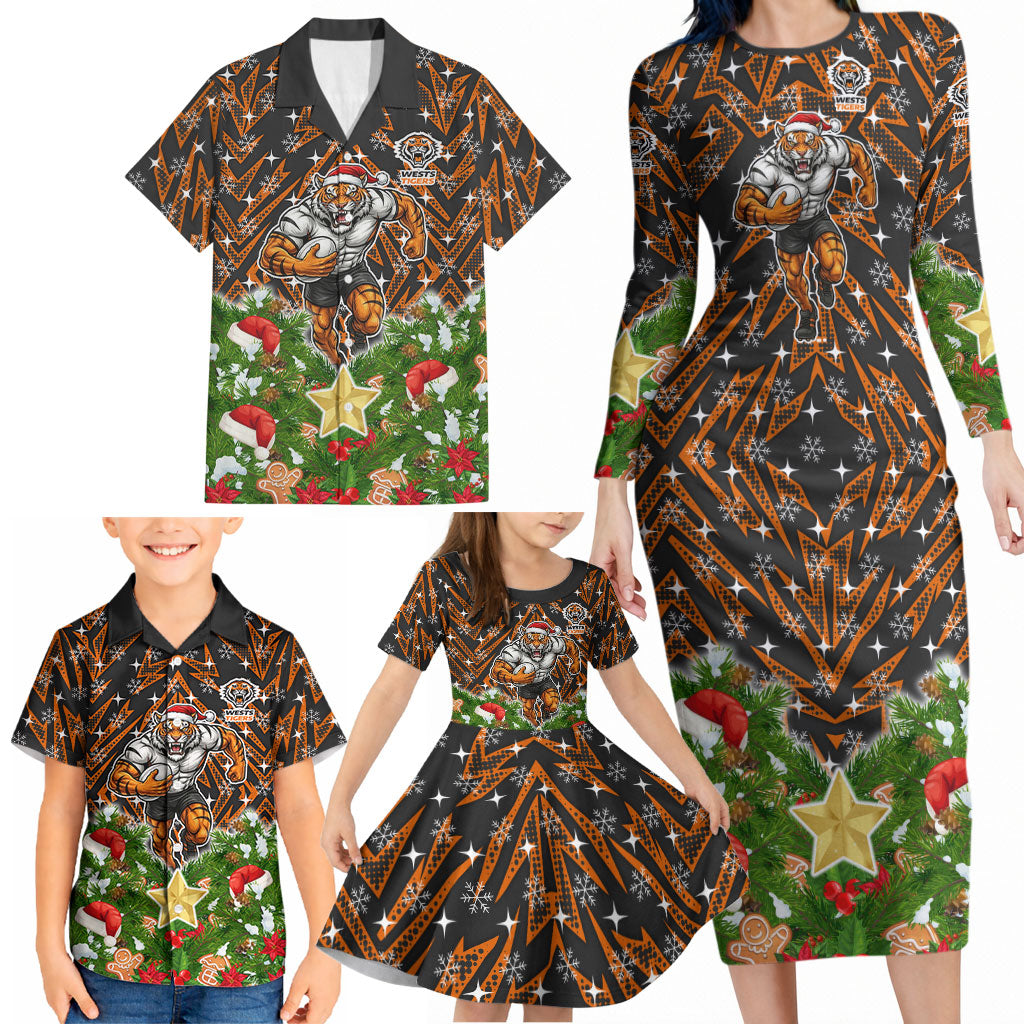 Personalised Wests Tigers Rugby Christmas Family Matching Long Sleeve Bodycon Dress and Hawaiian Shirt Santa Rugby Mascot - Pine Wreath Festive
