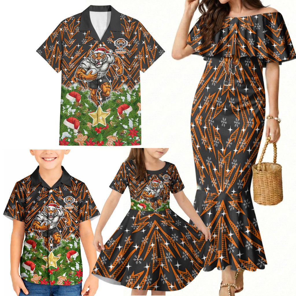 Personalised Wests Tigers Rugby Christmas Family Matching Mermaid Dress and Hawaiian Shirt Santa Rugby Mascot - Pine Wreath Festive
