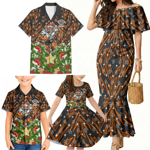 Personalised Wests Tigers Rugby Christmas Family Matching Mermaid Dress and Hawaiian Shirt Santa Rugby Mascot - Pine Wreath Festive