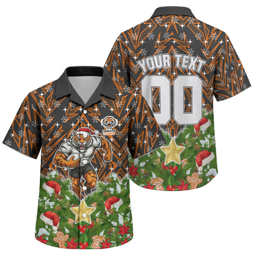 Personalised Wests Tigers Rugby Christmas Family Matching Mermaid Dress and Hawaiian Shirt Santa Rugby Mascot - Pine Wreath Festive