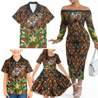 Personalised Wests Tigers Rugby Christmas Family Matching Off The Shoulder Long Sleeve Dress and Hawaiian Shirt Santa Rugby Mascot - Pine Wreath Festive