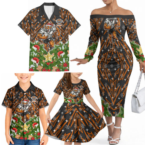 Personalised Wests Tigers Rugby Christmas Family Matching Off The Shoulder Long Sleeve Dress and Hawaiian Shirt Santa Rugby Mascot - Pine Wreath Festive