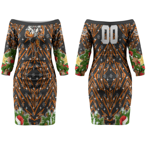 Personalised Wests Tigers Rugby Christmas Family Matching Off The Shoulder Long Sleeve Dress and Hawaiian Shirt Santa Rugby Mascot - Pine Wreath Festive