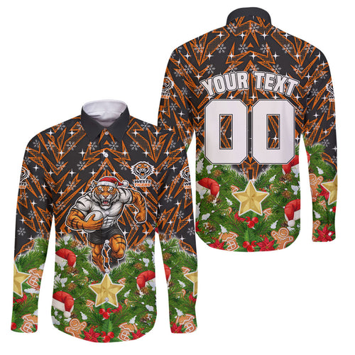 Personalised Wests Tigers Rugby Christmas Family Matching Off The Shoulder Long Sleeve Dress and Hawaiian Shirt Santa Rugby Mascot - Pine Wreath Festive