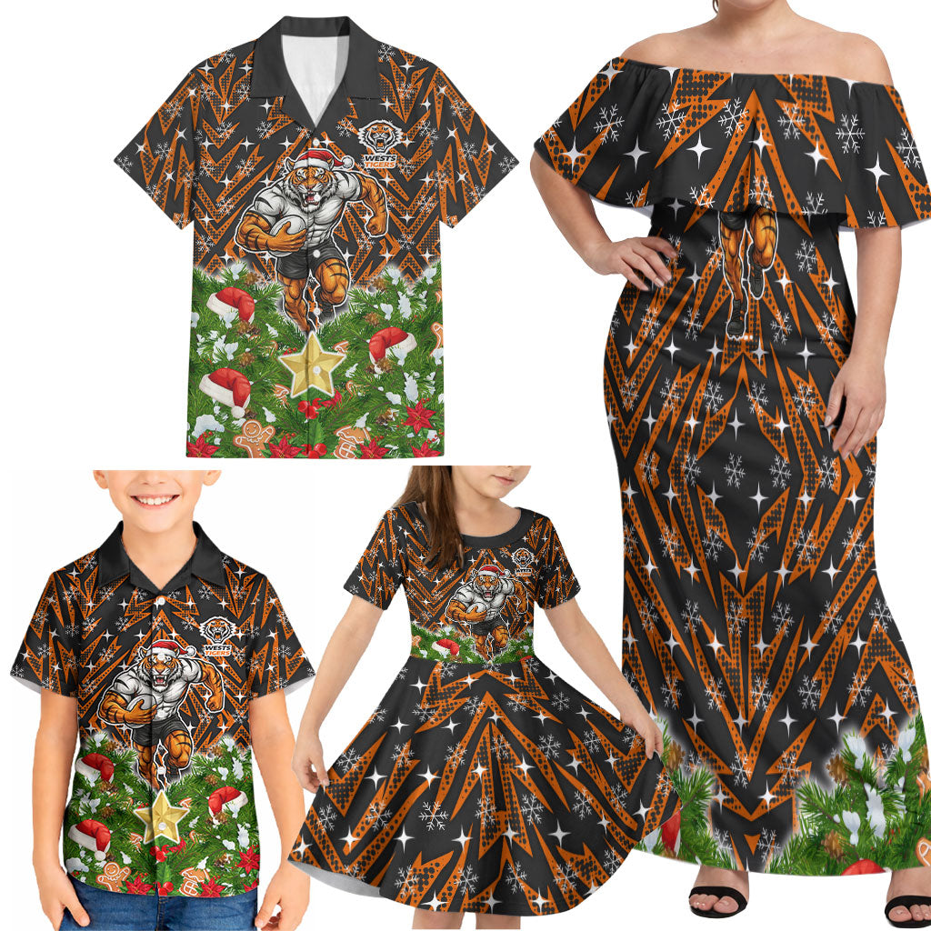Personalised Wests Tigers Rugby Christmas Family Matching Off Shoulder Maxi Dress and Hawaiian Shirt Santa Rugby Mascot - Pine Wreath Festive