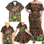 Personalised Wests Tigers Rugby Christmas Family Matching Off Shoulder Maxi Dress and Hawaiian Shirt Santa Rugby Mascot - Pine Wreath Festive