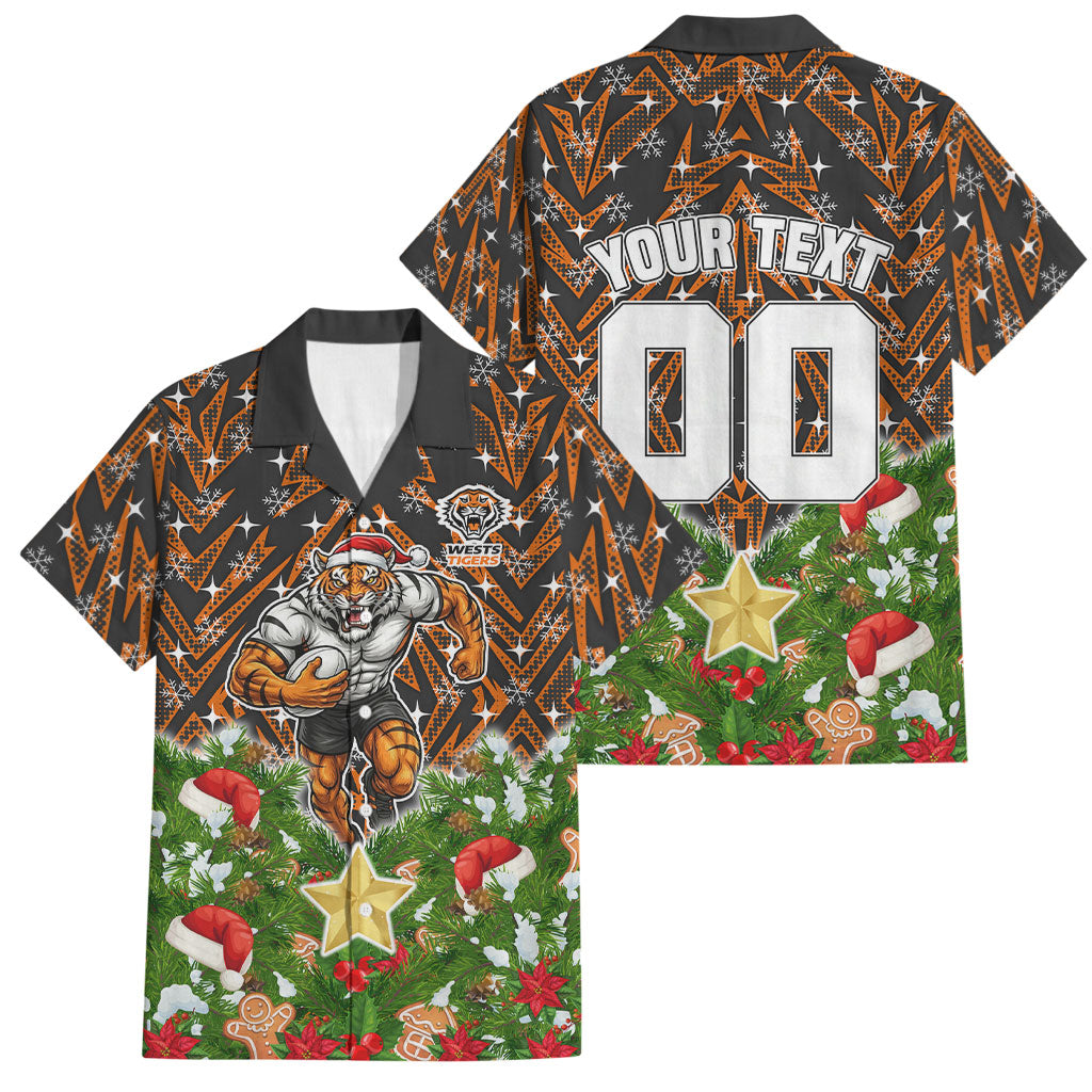 Personalised Wests Tigers Rugby Christmas Family Matching Off Shoulder Maxi Dress and Hawaiian Shirt Santa Rugby Mascot - Pine Wreath Festive