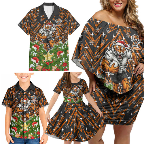 Personalised Wests Tigers Rugby Christmas Family Matching Off Shoulder Short Dress and Hawaiian Shirt Santa Rugby Mascot - Pine Wreath Festive