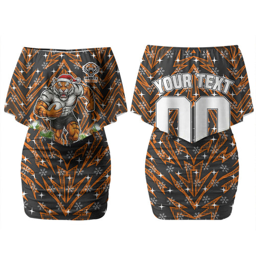Personalised Wests Tigers Rugby Christmas Family Matching Off Shoulder Short Dress and Hawaiian Shirt Santa Rugby Mascot - Pine Wreath Festive