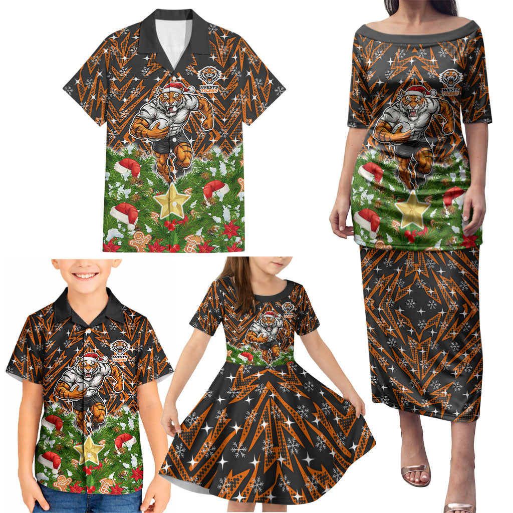 Personalised Wests Tigers Rugby Christmas Family Matching Puletasi and Hawaiian Shirt Santa Rugby Mascot - Pine Wreath Festive