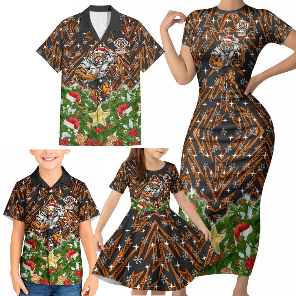 Personalised Wests Tigers Rugby Christmas Family Matching Short Sleeve Bodycon Dress and Hawaiian Shirt Santa Rugby Mascot - Pine Wreath Festive