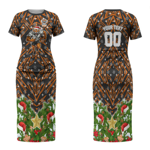 Personalised Wests Tigers Rugby Christmas Family Matching Short Sleeve Bodycon Dress and Hawaiian Shirt Santa Rugby Mascot - Pine Wreath Festive