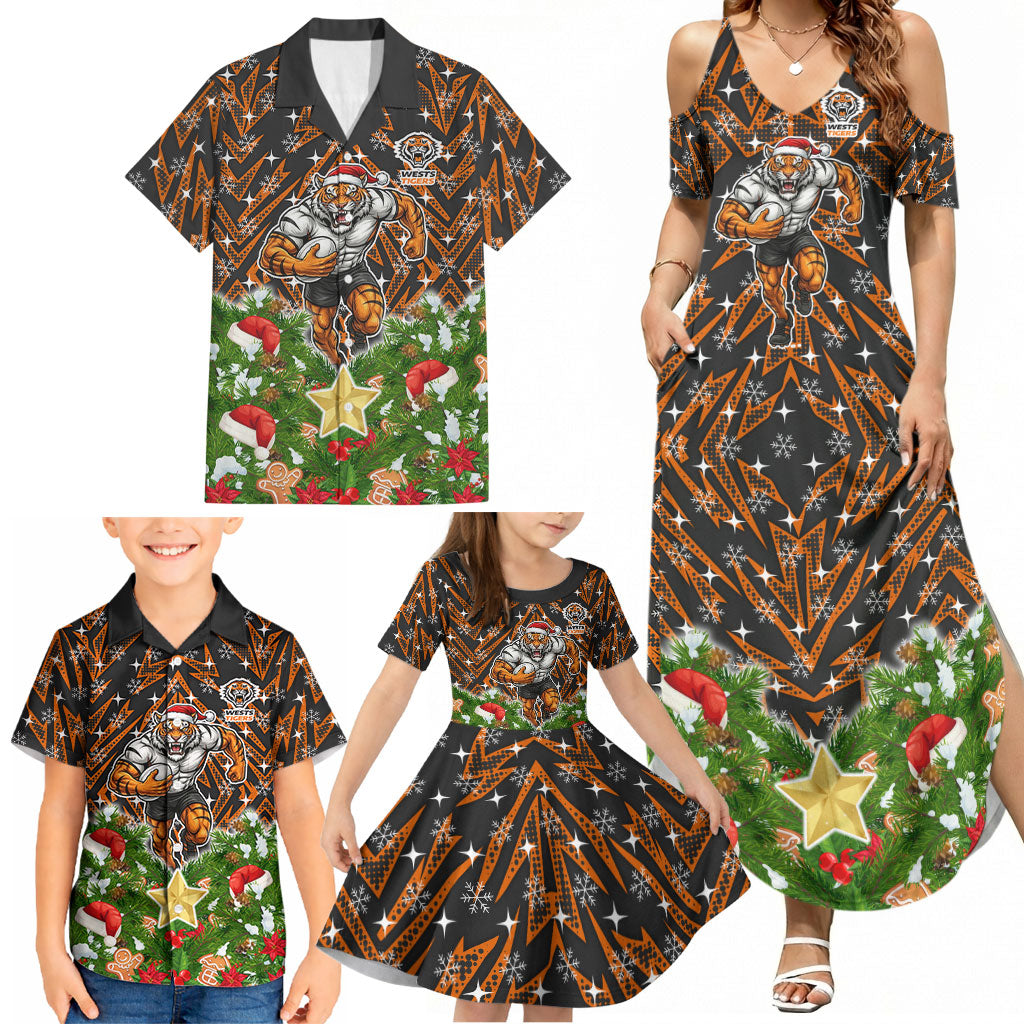 Personalised Wests Tigers Rugby Christmas Family Matching Summer Maxi Dress and Hawaiian Shirt Santa Rugby Mascot - Pine Wreath Festive