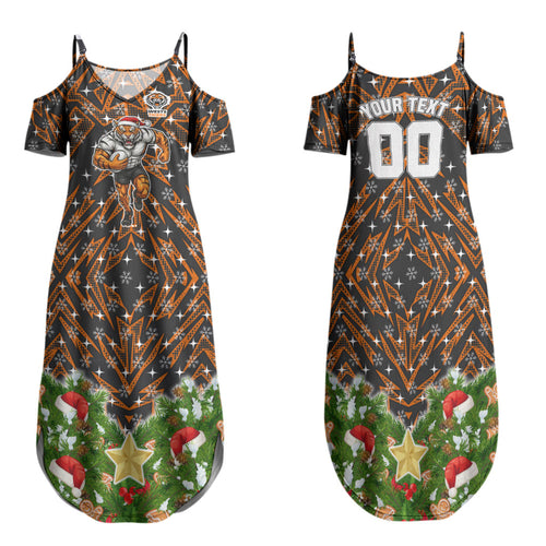 Personalised Wests Tigers Rugby Christmas Family Matching Summer Maxi Dress and Hawaiian Shirt Santa Rugby Mascot - Pine Wreath Festive