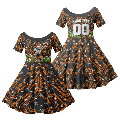 Personalised Wests Tigers Rugby Christmas Family Matching Summer Maxi Dress and Hawaiian Shirt Santa Rugby Mascot - Pine Wreath Festive