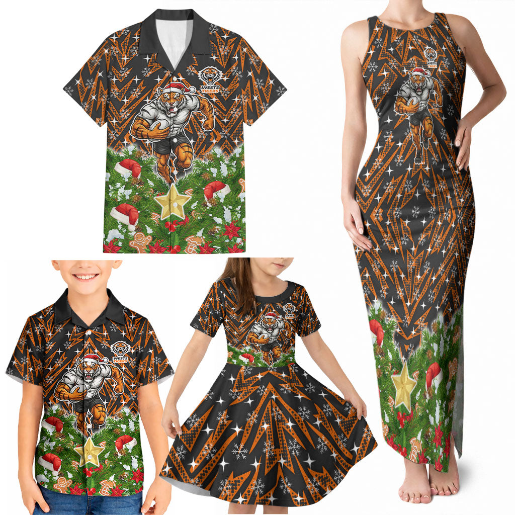 Personalised Wests Tigers Rugby Christmas Family Matching Tank Maxi Dress and Hawaiian Shirt Santa Rugby Mascot - Pine Wreath Festive